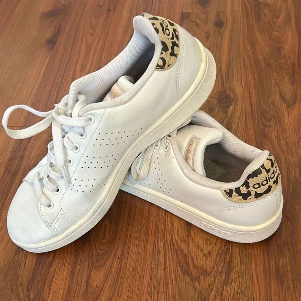 Adidas white leather sneakers with leopard trim size 8.5